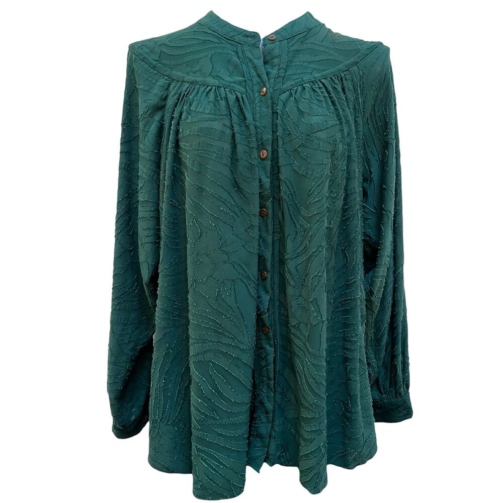 Free People Green Textured Button Front Blouse Long Sleeve Boho Top Size S